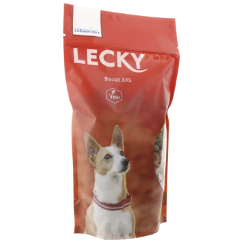 Rote Verpackung für LECKY Biscuit XXS Hundeleckerlis mit einem Foto eines kleinen Hundes mit Halsband, gekennzeichnet als VEGI.