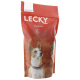 Emballage rouge pour les friandises pour chiens LECKY Biscuit XXS avec une photo d'un petit chien portant un collier, étiqueté comme VEGI.