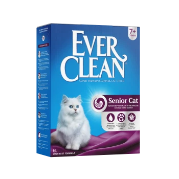 Box von Ever Clean Super Premium Katzenstreu für Senioren, mit einer flauschigen weißen Katze und Text zur geruchsneutralisierenden Formel.