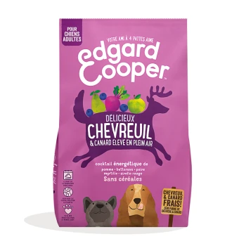 Sac de nourriture pour chien violet étiqueté "Edgard Cooper" présentant "Delicieux Chevreuil & Canard Élevé en Plein Air," avec des illustrations de fruits et d'animaux.