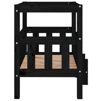 Schwarzes Holz-Haustierbett mit einem Latten-Design und einer natürlichen Holzunterlage, mit einem stabilen Rahmen und sichtbaren Schrauben.