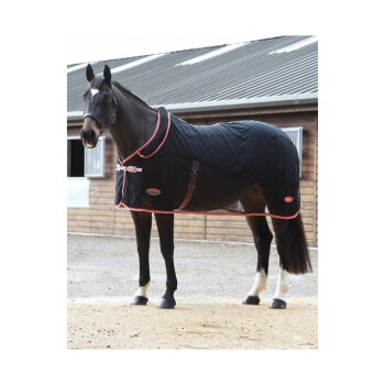 Ein schwarzes Pferd, das eine stilvolle, enganliegende Decke mit rotem Rand trägt, steht auf einer Kiesoberfläche vor einer Holzscheune.