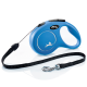 Blue retractable dog leash with a black strap and silver clip, featuring a handle and a logo, labeled "Made in Germany."