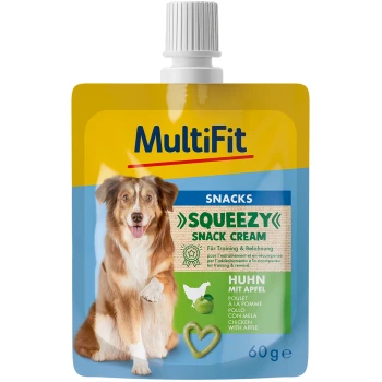 Squeezy Snack Cream voor honden van MultiFit, met een hond op de verpakking, met smaken van kip en appel, 60g.