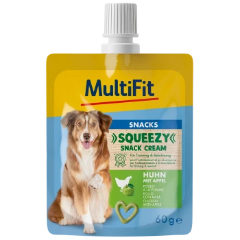 Crème à grignoter Squeezy pour chiens de MultiFit, avec un chien sur l'emballage, avec des saveurs de poulet et de pomme, 60g.