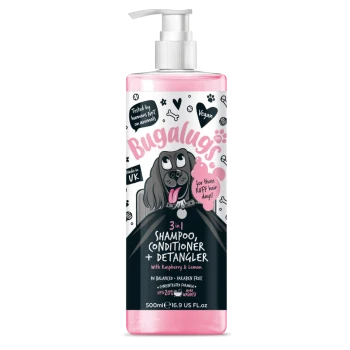 Flasche mit Bugalugs 3-in-1 Shampoo, Conditioner und Entwirrungsmittel für Hunde, mit einem Cartoon-Hund, Himbeer- und Zitronenduft, vegan, 500ml.