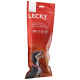 Emballage rouge pour friandise pour chien "LECKY", présentant un chien heureux et du texte en plusieurs langues : "Kalbshuf DeLuxe", "100% NATUREL."