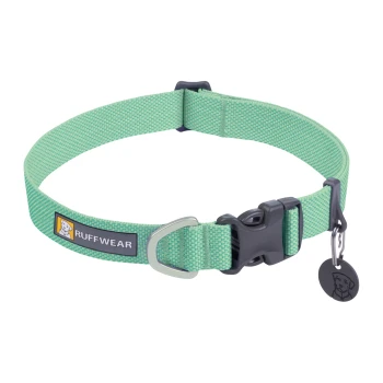 Ein grüner Hundehalsband von Ruffwear mit einer stabilen Schnalle, einem Metall-D-Ring zur Leinenbefestigung und einem Anhänger mit einem Hundelogo.