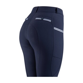 Marineblaue Reitleggings mit strukturiertem Design, weißen Streifen und einer kleinen Gesäßtasche.