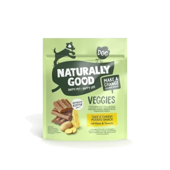 Grüne Hundesnackverpackung mit der Aufschrift "Natürlich gut" und "Happy Pet - Happy Life" sowie "Gemüse" und "Käse-Kartoffelsnack mit Käse & Tomate."