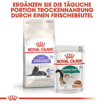 Royal Canin Verpackung zeigt Regular Sterilised 7+ Trockenfutter und Instinctive 7+ Nassfutter mit täglichen Fütterungsempfehlungen.