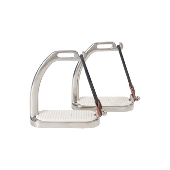 Edelstahl-Steigbügel mit Gummigriffen und Lederriemen, entworfen für den Reitsport, vor einem weißen Hintergrund ausgestellt.