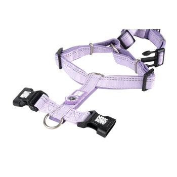 Hellviolettes verstellbares Hundegeschirr mit schwarzen Schnallen mit der Aufschrift "Max & Molly" und Metall-D-Ringen.