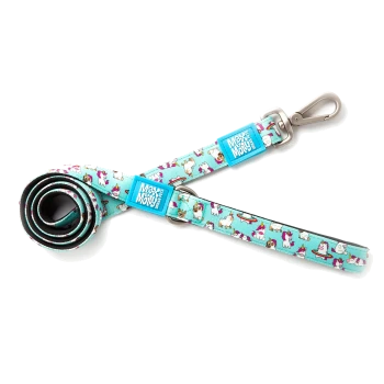 Blaue Hundeleine mit Cartoon-Einhorn- und Lama-Motiven, beschriftet mit „Max & Molly Urban Pets“ und Metallclip.