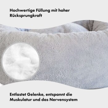 Haustierbett mit weicher, hochgradig elastischer Füllung; der Text hebt die Vorteile von Gelenkentlastung und Muskelentspannung auf Deutsch hervor.