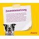 Ein fröhlicher Hund neben einer weißen Notiz mit der Aufschrift "Zusammensetzung," die die Inhaltsstoffe des Tierfutters auf einem leuchtend gelben Hintergrund mit "Josera" in Rot auflistet.