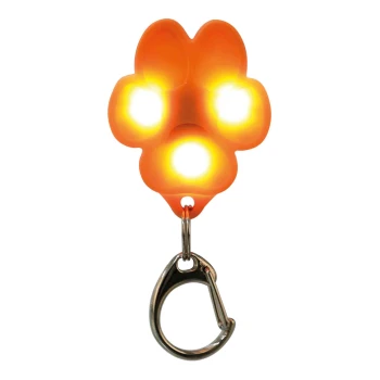 Orangefarbene, pfotenförmige LED-Leuchte mit drei hellen Glühbirnen und einem Metallkarabiner zum Befestigen an Leinen oder Taschen.