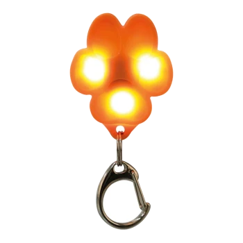 Lumière LED en forme de patte orange avec trois ampoules lumineuses et un clip en métal pour l'attacher aux laisses ou aux sacs.