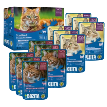 Packung Bozita Sterilised Delicate Meat Menu Katzenfutter, bestehend aus 12 Beuteln mit jeweils 85 g, mit 100 % tierischem Protein und natürlichen Zutaten.