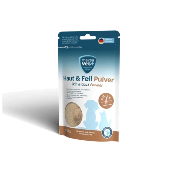 Eine Packung marsavet Haut- und Fellpulver für Hunde und Katzen, mit einem braun-blauen Design, mit einer sichtbaren Illustration eines Hundes und einer Katze.