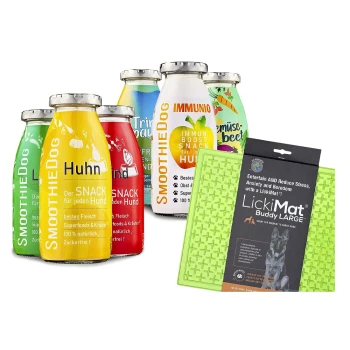 Mix + Lickimat Grün 6x250 g Hundesnacks und eine grüne LickiMat Buddy Large, mit bunten Smoothie-Flaschen mit den Aufschriften "Huhn", "Lind", "Immunio" und "Trinkbar."