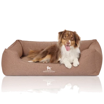 Ein glücklicher braun-weißer Hund liegt auf einem gemütlichen, braunen Hundebett mit dem Logo "KNUFFELWUFF" sichtbar auf der Vorderseite.