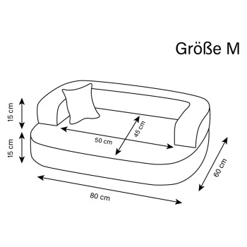 Illustration eines Haustiersofas mit der Bezeichnung 'Größe M' und den Abmessungen: 80 cm (Länge), 60 cm (Breite), 15 cm (Höhe) und einem kleinen Kissen.