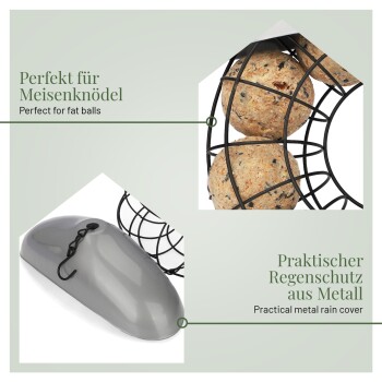 Vogelfutterspender für Fettbällchen mit einem schwarzen Drahtkäfig und grauem Regenschutz, betont die Praktikabilität für den Außenbereich.