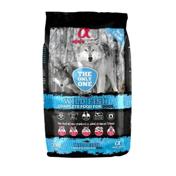 Beutel Alpha Spirit 'The Only One Wild Fish' vollständiges Hundefutter (3 kg) mit Wolfsbild und blauem Etikett