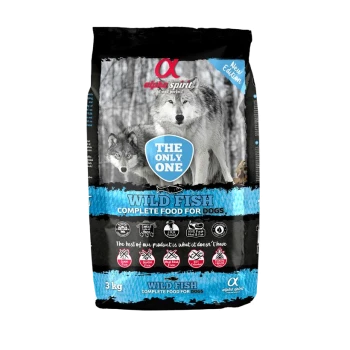 Beutel Alpha Spirit 'The Only One Wild Fish' vollständiges Hundefutter (3 kg) mit Wolfsbild und blauem Etikett
