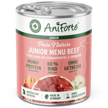 Dose mit PureNature JuniorMenu Nassfutter für Hunde mit Rindfleisch, Süßkartoffeln und Erdbeeren, gekennzeichnet als gluten- und getreidefrei, 400 g.