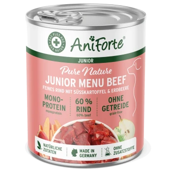 Dose mit PureNature JuniorMenu Nassfutter für Hunde mit Rindfleisch, Süßkartoffeln und Erdbeeren, gekennzeichnet als gluten- und getreidefrei, 400 g.