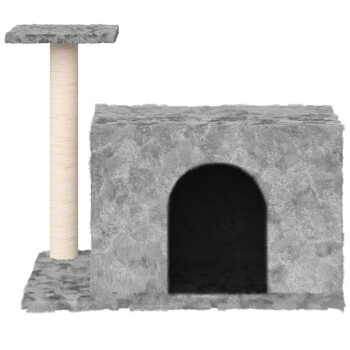 Grau Katzenbaum mit einer gemütlichen Höhle und einem hohen Kratzbaum, mit einer plüschigen Oberfläche für Komfort.