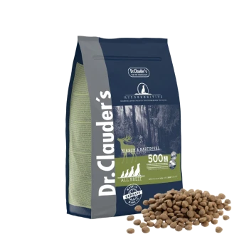 Dr. Clauder's HypoSensitive Hundefutterbeutel mit Wild und Kartoffel, mit einem grünen und blauen Design, und Kroketten, die davor verstreut sind.