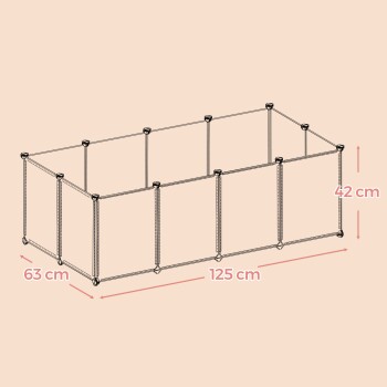 Illustration eines Haustierspielzauns mit beschrifteten Abmessungen: 125 cm Länge, 63 cm Breite und 42 cm Höhe, auf einem hellen Hintergrund.