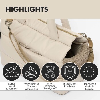 Beige weiche Haustiertragetasche mit Teddystoff-Innenfutter, Reißverschluss, Schultergurt und deutschen Texthighlights.