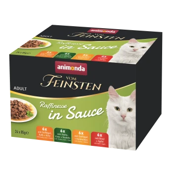 Verpackung von Animonda Vom Feinsten Katzenfutter, mit "Raffinesse in Sauce" und 24 x 85g Portionen, enthält Geschmäcker wie Geflügel, Rind und Ente.