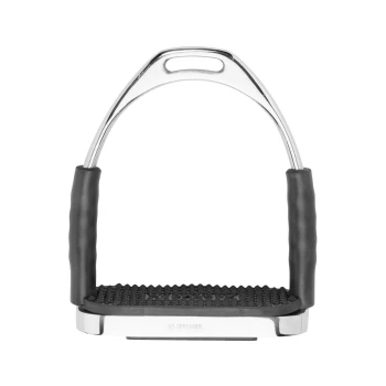 Eisenstahl-Pferdestirrup mit Gummigriffgriffen und einer strukturierten Fußfläche, mit dem Markennamen "HS Sprenger" eingraviert.