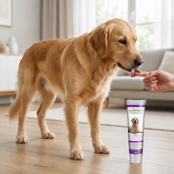 Golden Retriever leckt ein Leckerli von einer Hand neben einer Tube mit der Aufschrift 'SUPPORT OPTIMIZE & CARE' und einem Hundefoto.