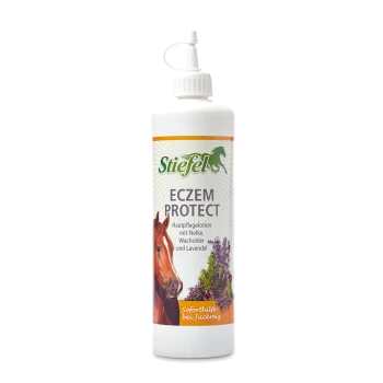 Flasche Stiefel Eczem Protect Hautpflege-Lotion für Pferde, mit einem Pferdebild und Kräutern wie Lavendel, mit Text in Deutsch.