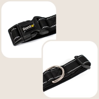 Schwarzes Haustierhalsband mit einer Kunststoffschnalle mit dem "lionto"-Logo und einem Metall-D-Ring zur Leinenbefestigung.