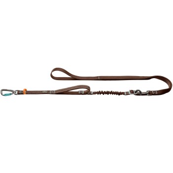 Braune Nylon-Hundeleine mit gepolstertem Schlaufengriff, elastischem Bungee-Abschnitt und Metallclips; kein lesbarer Text.