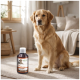 Golden Retriever sitzt auf einem Teppich neben einer Flasche eines Haustierergänzungsmittels mit der Aufschrift "SUPPORT" in einem sonnendurchfluteten Wohnzimmer.