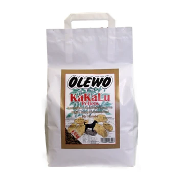 KaKaLu-Pellets mit Kartoffel, Karotte & Luzerne 4 kg Weiße Tüte mit Olewo KakaLu-Pellets für Hunde, mit einer schwarzen Hundesilhouette und Text, der die Zutaten und das Gewicht (4,0 kg) beschreibt.