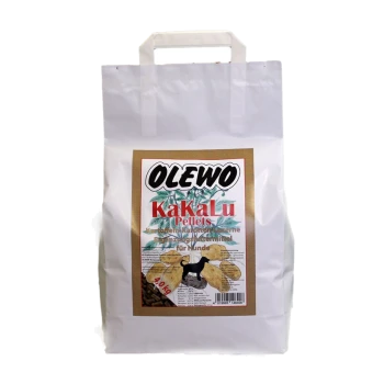 Weiße Tüte mit Olewo KakaLu-Pellets für Hunde, mit einer schwarzen Hundesilhouette und Text, der die Zutaten und das Gewicht (4,0 kg) beschreibt.