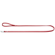 Eine rote Hundeleine mit einem geschlungenen Griff und einem Metallclip an einem Ende, vor einem weißen Hintergrund präsentiert.