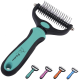 Ein türkisfarbener und schwarzer Tierpflegewerkzeug mit einem Metallkamm, gezeigt mit ähnlichen Werkzeugen in Pink, Orange und Blau.