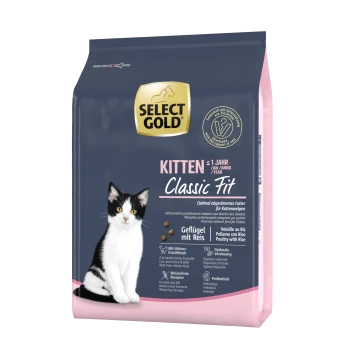 L'emballage de la nourriture pour chats Gold Kitten Classic Fit présente un chaton noir et blanc, mettant en avant une nutrition optimale avec de la volaille et du riz.