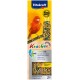 Ein leuchtend orangefarbener Kanarienvogel sitzt neben Vitakraft Kräcker Leckereien auf einem gelben Hintergrund mit den Texten "Federpflege" und "Vitamine & Mineralien".