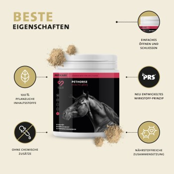 PETHORSE HEALTH 4603 Pulverergänzung in einem schwarzen und rosa Behälter, der 100% pflanzliche Zutaten und eine einfache Öffnung zeigt.